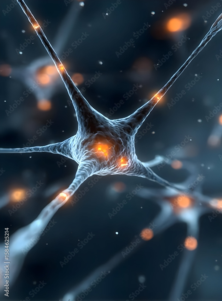 Poster a stunning close-up of a neuron showcasing its intricate structure. the glowing connections illustra