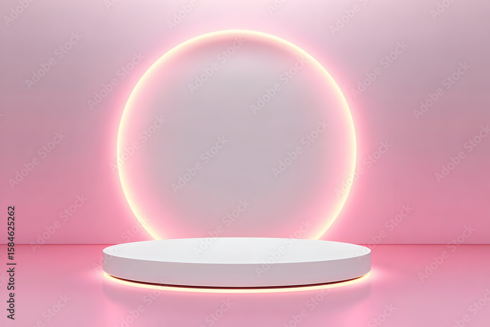 Poster a modern display platform featuring a soft pink background and a glowing circular light, perfect for