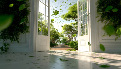Fototapeta premium A serene view of an open doorway surrounded by lush greenery, inviting fresh air and sunlight into a peaceful, natural setting.