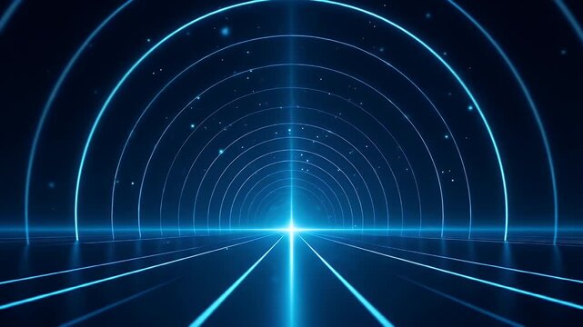 Glowing blue geometric tunnel with a bright light at the end