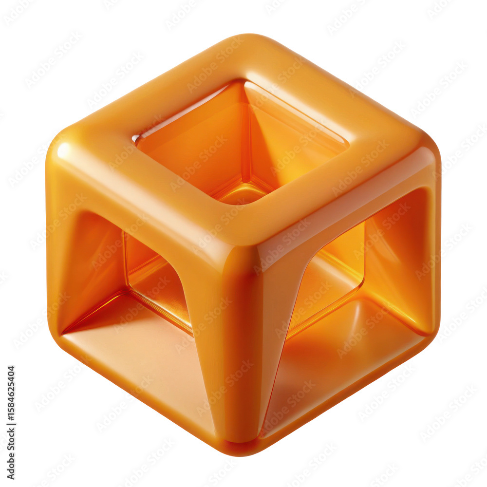 Poster a close up of an orange hollow cube with rounded edges and a square opening on a black background