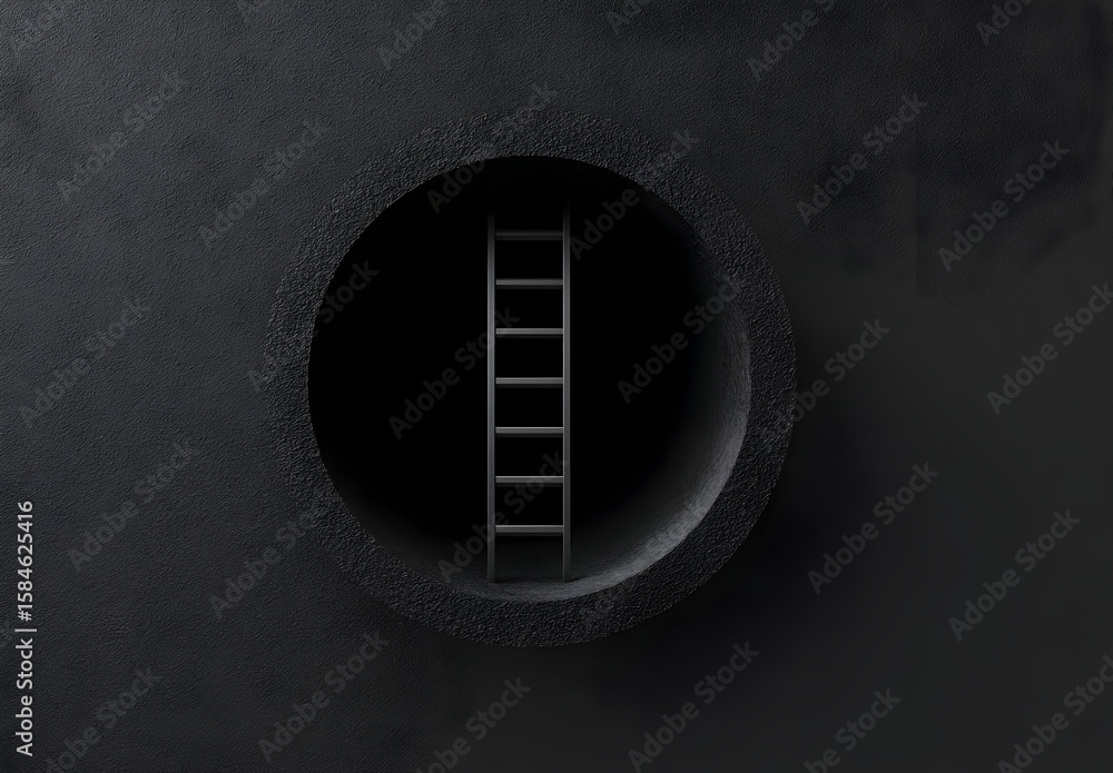 Poster a minimalist view of a ladder leading into darkness, symbolizing the journey through challenges and 