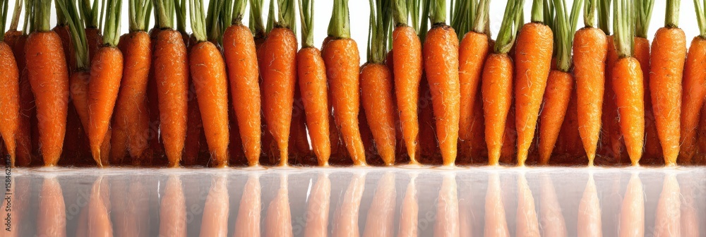 Poster carrots standing vertically on a mirrored surface with vibrant reflections and a free top margin