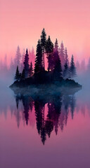 A serene island surrounded by calm water, framed by majestic pine trees. The sky features a stunning gradient of pink and purple hues, reflecting in the water.