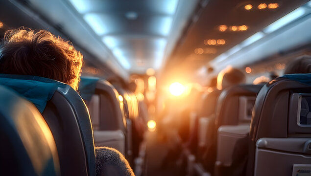 A serene view from an airplane seat, showcasing passengers enjoying the warm glow of sunset as the plane ascends into the sky, epitomizing travel bliss.