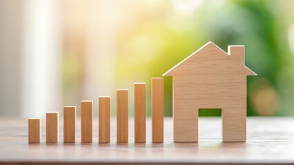 Wooden house silhouette under rising bar graph — property value appreciation and market growth
