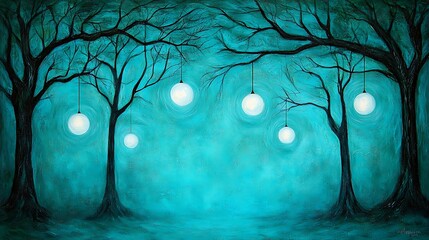 Magical forest with radiant crystals suspended midair, tall tree trunks framing glowing orbs, soft misty background depth, natural textures illuminated by ethereal light, digital illustration,