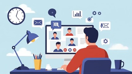 Vector animation of a man at a desk in a video conference. Abstract business icons symbolize remote work, team collaboration, and new ideas. - Powered by Adobe