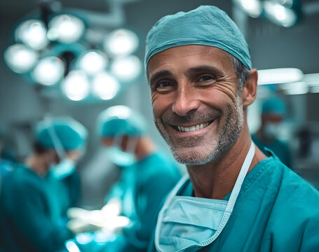 A smiling surgeon in scrubs and surgical cap in an operating room, showcasing professionalism and a positive attitude in healthcare. - Powered by Adobe