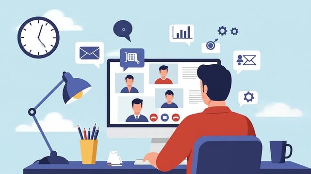 Vector animation of a man at a desk in a video conference. Abstract business icons symbolize remote work, team collaboration, and new ideas.