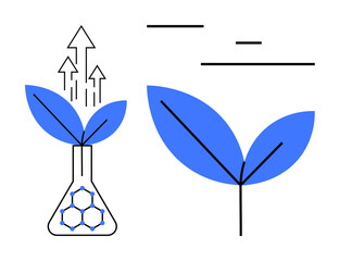 Blue leaves sprouting from a lab flask with upward arrows and chemical bond structure. Ideal for bioengineering, eco-friendly innovation, agriculture, sustainability, green technology, research