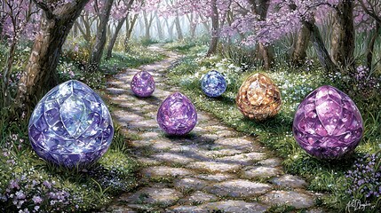 Levitating gemstones casting subtle colorful glows in fantasy forest, sun rays piercing through tall trees, soft shadows blending with glowing elements, enchanted and calm environment, digital
