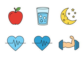 Fototapeta premium Illustrated Icons of Health & Wellness Practices Nutrition, Hydration, Sleep, and Fitness for a Healthy Lifestyle