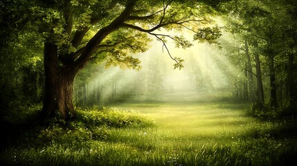 Lush green forest filled with enchanted floating minerals emitting soft glow, vibrant foliage illuminated by natural light, mystical particles surrounding glowing elements, serene and magical