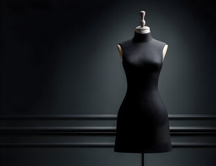 A sleek black dress form stands in a dimly lit studio, showcasing the elegance and simplicity of fashion design in a minimalist setting.