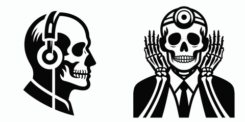 A Skeleton as Doctor listening with empathy. Skull Bones Skeletal Clipart Line Art Vector Illustration. Bone figure healer giving care showing kindness and feeling concern.