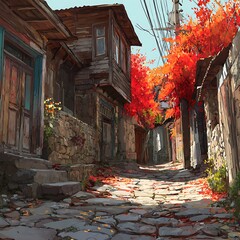 Historic street scene featuring wooden architecture and red-orange foliage, fallen leaves layering stone pavement, soft warm light creating peaceful mood, nostalgic autumn setting, digital illustratio
