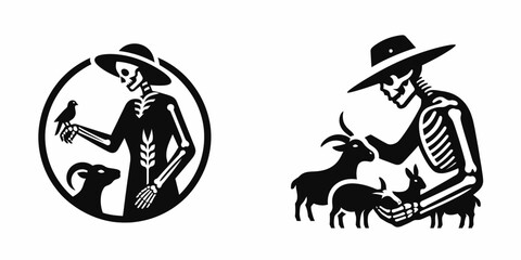 Fototapeta premium A Skeleton as Farmer feeding animals with care. Skull Bones Skeletal Clipart Line Art Vector Illustration. Bone figure tending creature supplying nutrition gentleness on rural land.