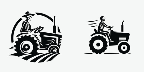 A Skeleton as Farmer driving tractor skillfully. Skull Bones Skeletal Clipart Line Art Vector Illustration. Bone man tending field piloting farm vehicle with expertise.