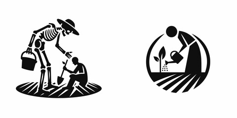 A Skeleton as Farmer planting seeds with hope. Skull Bones Skeletal Clipart Line Art Vector Illustration. Bony harvester putting grain within soil showing optimism future growth.