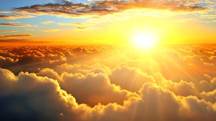 High-altitude perspective showing a massive landmass suspended above glowing golden clouds, tranquil atmosphere with dramatic sunrise tones, digital illustration, digital painting