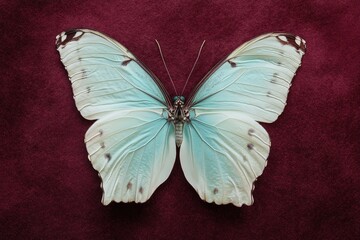 Delicate pale blue butterfly wings on a deep maroon velvet background.
