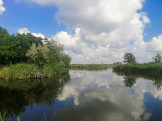 Calm river surface reflects fluffy clouds and blue sky, creating perfect visual symmetry. Reflection forming peaceful natural composition with strong reflection element. Stillwater captures cloud.