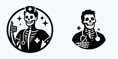 A Skeleton as Nurse smiling encouragement. Skull Bones Skeletal Clipart Line Art Vector Illustration. Bone doctor offering happy boost good health aid positive vibe.