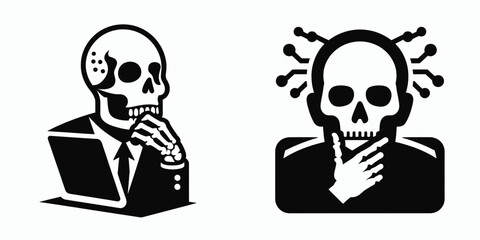 A Skeleton as Programmer thinking with hand on chin. Skull Bones Skeletal Clipart Line Art Vector Illustration. .