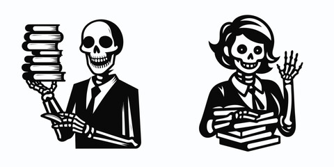 A Skeleton as Teacher stacking books with playful smile. Skull Bones Skeletal Clipart Line Art Vector Illustration. .