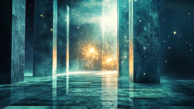 Ethereal landscape with glowing pillars and cosmic background, creating a surreal atmosphere