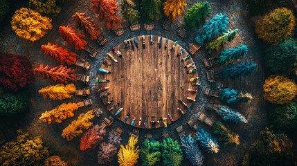Fototapeta premium Vibrant Trees in Circular Arrangement Surrounding Wooden Table
