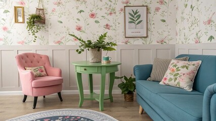 modern living room with blue sofa and chair