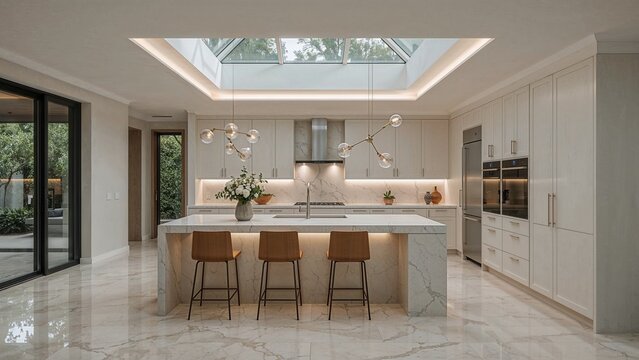 Expansive, light-filled kitchen featuring a large marble island, light beige cabinets, and a skylight. 