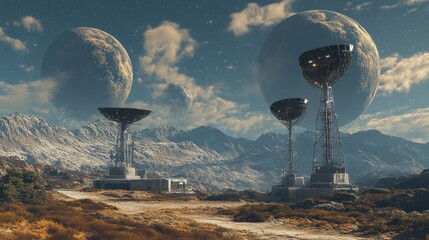 Futuristic Landscape with Satellite Dishes and Celestial Bodies Above