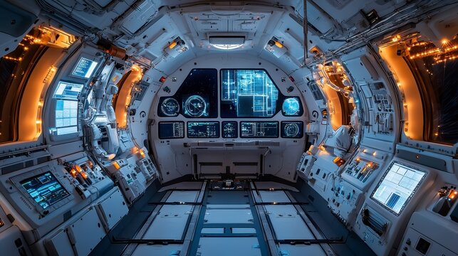 Futuristic Interior of a Spacecraft Control Room with Screens