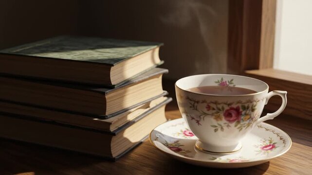 Steaming teacup by old books on table