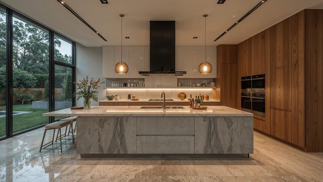 Modern kitchen with large island and natural light.