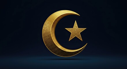Golden islamic crescent moon and star symbol against a dark backdrop