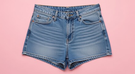 Photo of pair of stylish denim shorts on a pink background, perfect for summer fashion