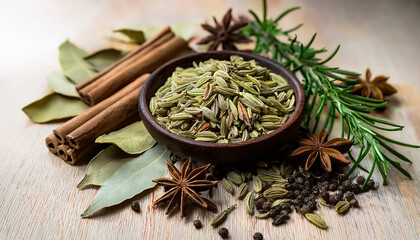 Fennel Seeds with Dried Herbs_ Fennel seeds surrounded by other dried herbs like star anise