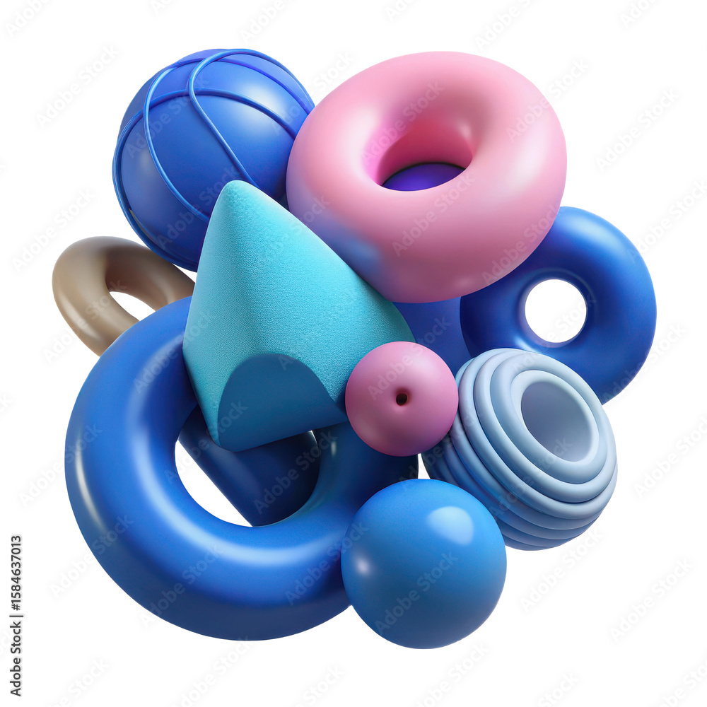 Poster a colorful assortment of various shapes including spheres cones and toruses in a clustered arrangeme