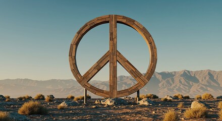 Wooden peace symbol stands in desert landscape against mountain backdrop