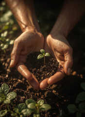 Close-up of gentle hands holding a small, green sprout in rich soil. Sunlight warms the scene, symbolizing new life, growth, hope, and environmental care. A new beginning concept.