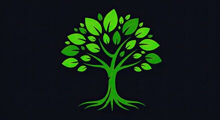 Green tree illustration with leaves on a dark background for design use