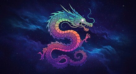 Colorful dragon illustration in a cosmic space background with stars design