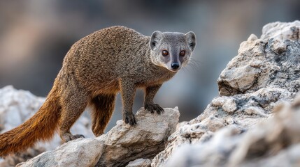 Obraz premium Ring-tailed Mongoose Stalking Over Rocky Terrain in a Sparse Natural Environment During Golden Hour Light