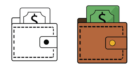 Illustration of a brown wallet with green money sticking out on a black background