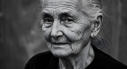 Fototapeta premium Black and white portrait of elderly woman with deep wrinkles and kind eyes – emotional and expressive close-up capturing age, wisdom, beauty, and the human experience in timeless monochrome