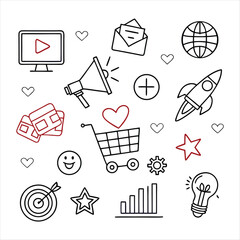 Minimalist business and marketing icon set with technology, communication, and creative elements